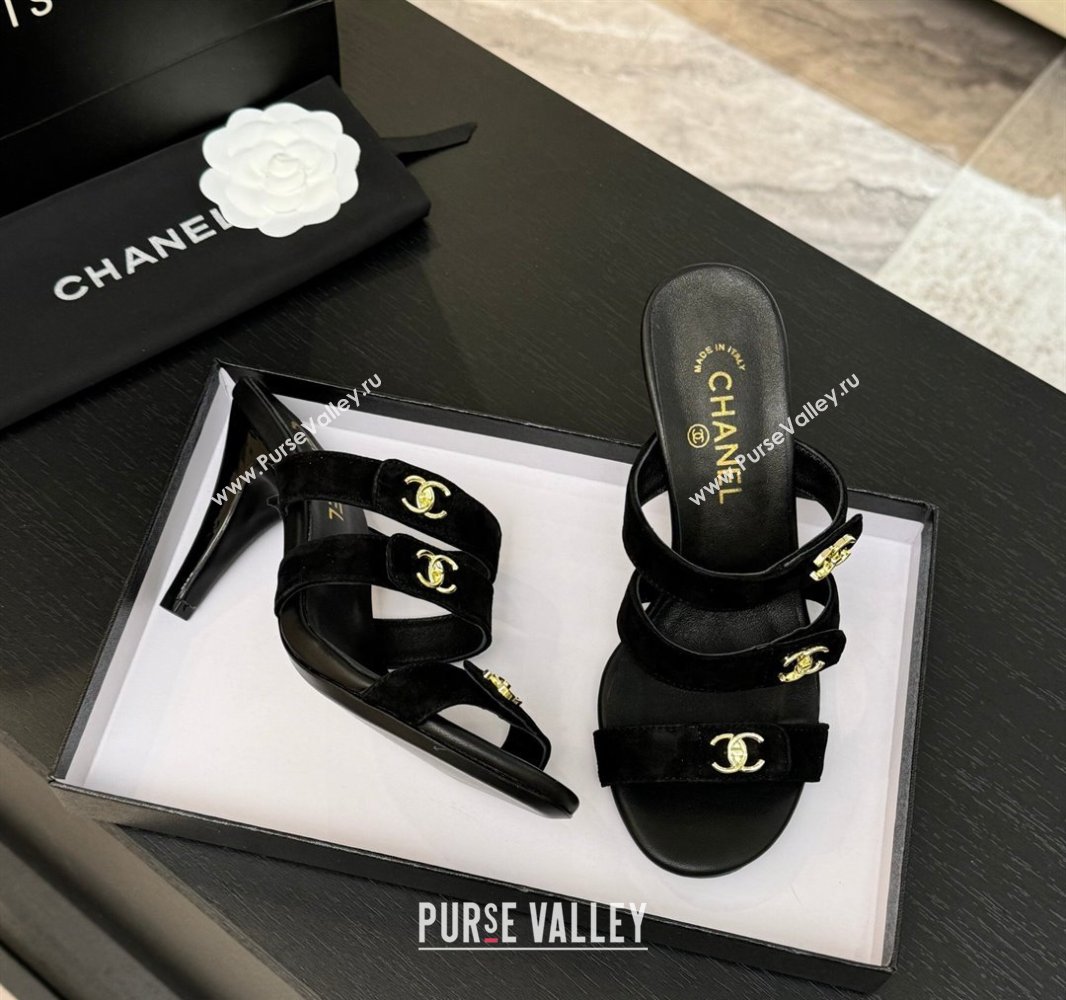 Chanel Suede Heel Sandals 8cm with CC Straps Black 2025 CH041603 (MD-250416009)