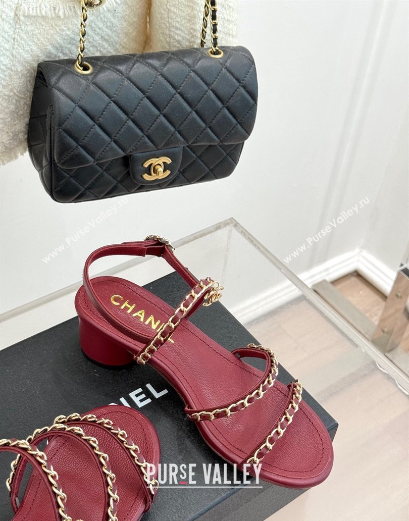Chanel Lambskin Heel Sandals with Chain Strap Burgundy 2025 G45667 (MD-250416147)