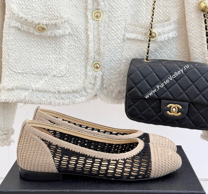 Chanel Crochet Straw Ballet Flats Beige/Black 2025 G46352 (MD-250415103)