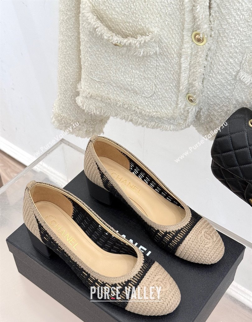 Chanel Crochet Straw Pumps 5cm Beige/Black 2025 G46352 (MD-250415106)