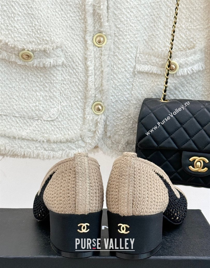 Chanel Crochet Straw Pumps 5cm Beige/Black 2025 G46352 (MD-250415106)
