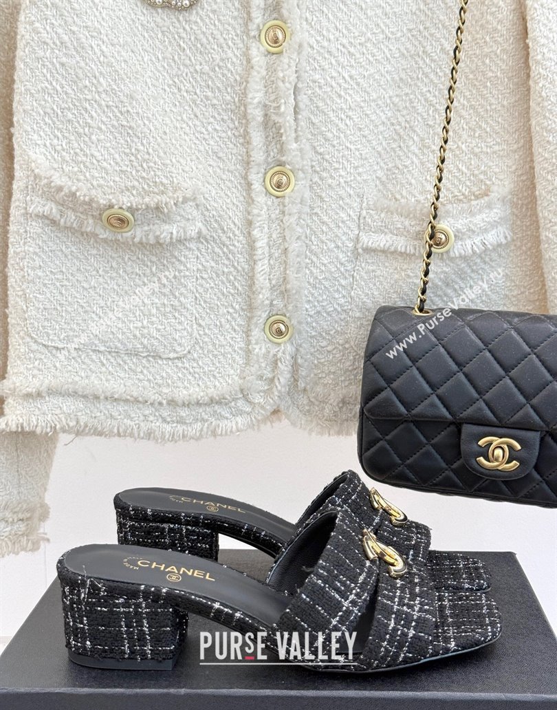 Chanel Tweed Heel Slides Sandal 5cm Black 2025 CH041508 (MD-250415128)