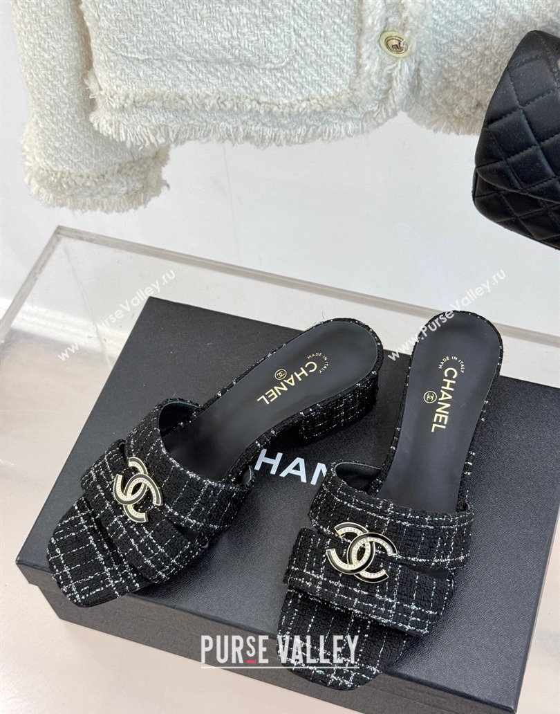 Chanel Tweed Heel Slides Sandal 5cm Black 2025 CH041508 (MD-250415128)