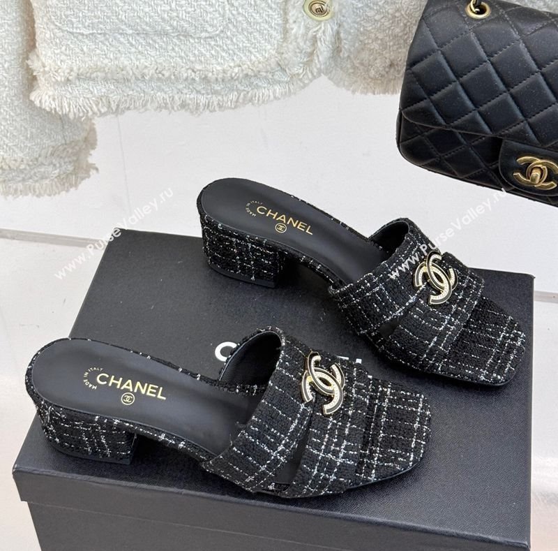 Chanel Tweed Heel Slides Sandal 5cm Black 2025 CH041508 (MD-250415128)
