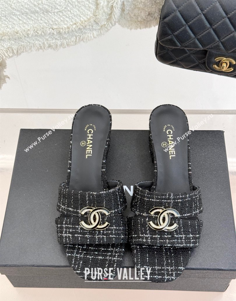Chanel Tweed Heel Slides Sandal 5cm Black 2025 CH041508 (MD-250415128)