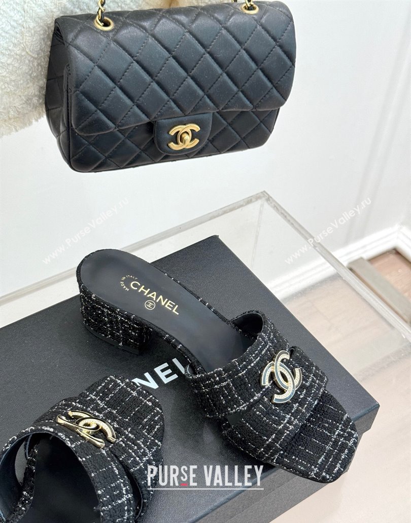Chanel Tweed Heel Slides Sandal 5cm Black 2025 CH041508 (MD-250415128)