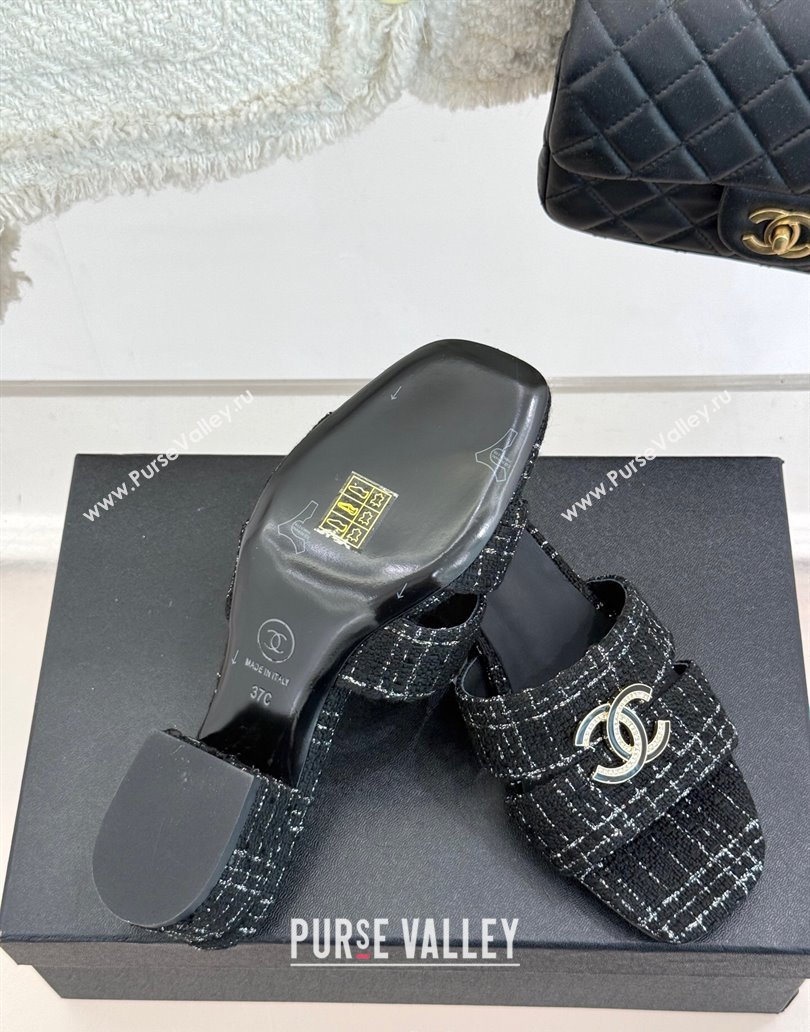 Chanel Tweed Heel Slides Sandal 5cm Black 2025 CH041508 (MD-250415128)