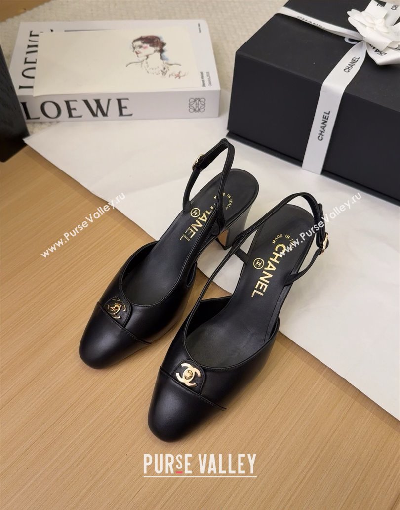 Chanel Lambskin Slingback Pumps 6.5cm with CC Stud Tag Black 2025 G46441 (MD-250415005)