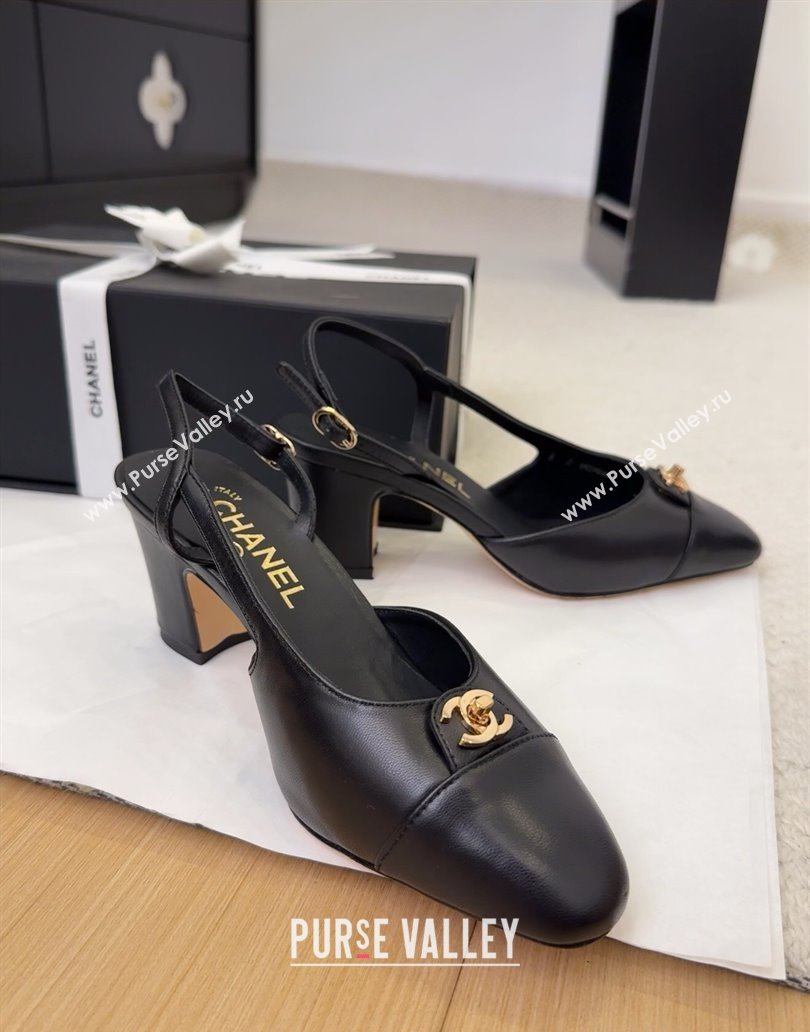 Chanel Lambskin Slingback Pumps 6.5cm with CC Stud Tag Black 2025 G46441 (MD-250415005)