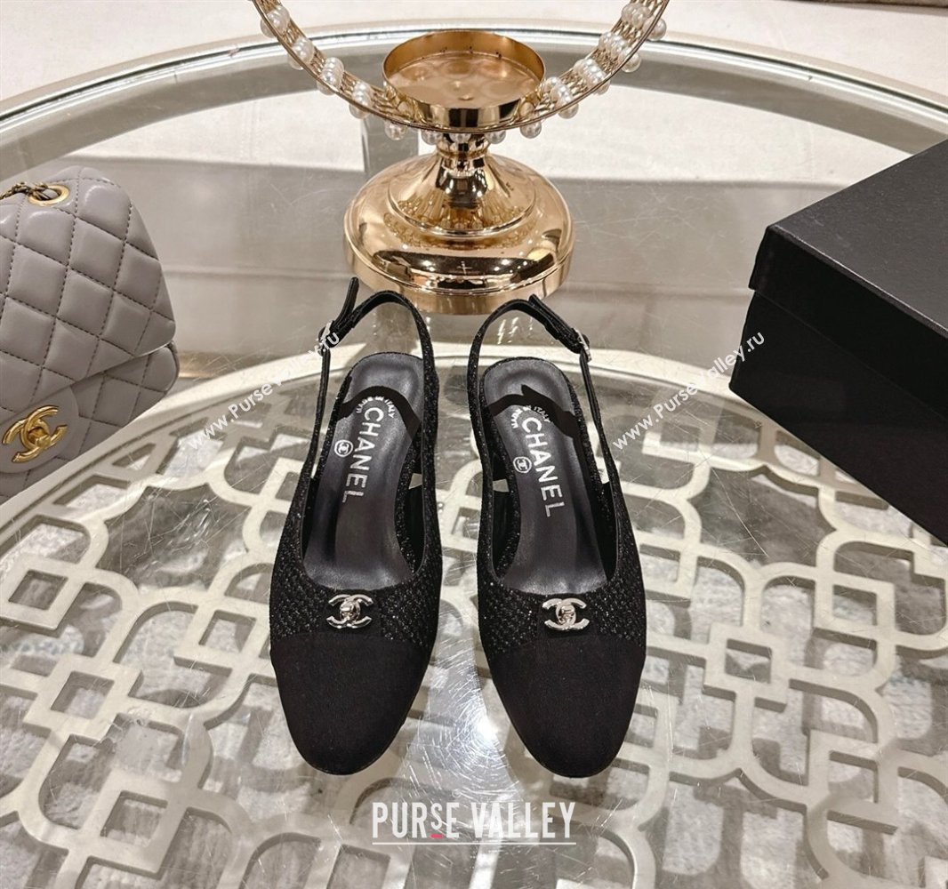 Chanel Glitter Fabric Grosgrain Slingback Pumps 3.5cm with CC Stud Tag Black 2025 G46441 (MD-250415010)