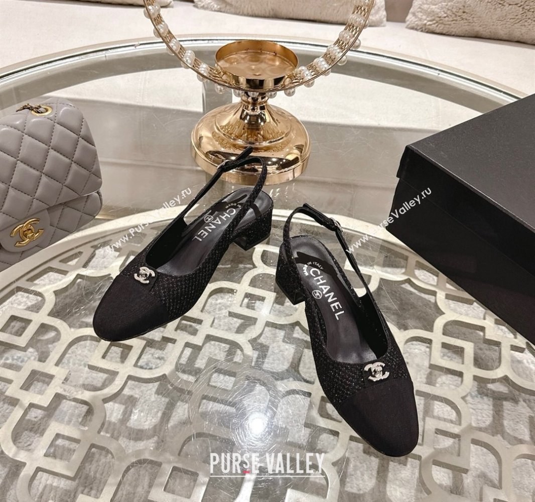 Chanel Glitter Fabric Grosgrain Slingback Pumps 3.5cm with CC Stud Tag Black 2025 G46441 (MD-250415010)