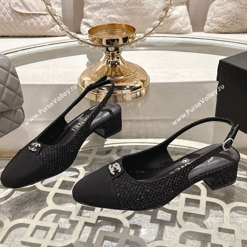Chanel Glitter Fabric Grosgrain Slingback Pumps 3.5cm with CC Stud Tag Black 2025 G46441 (MD-250415010)