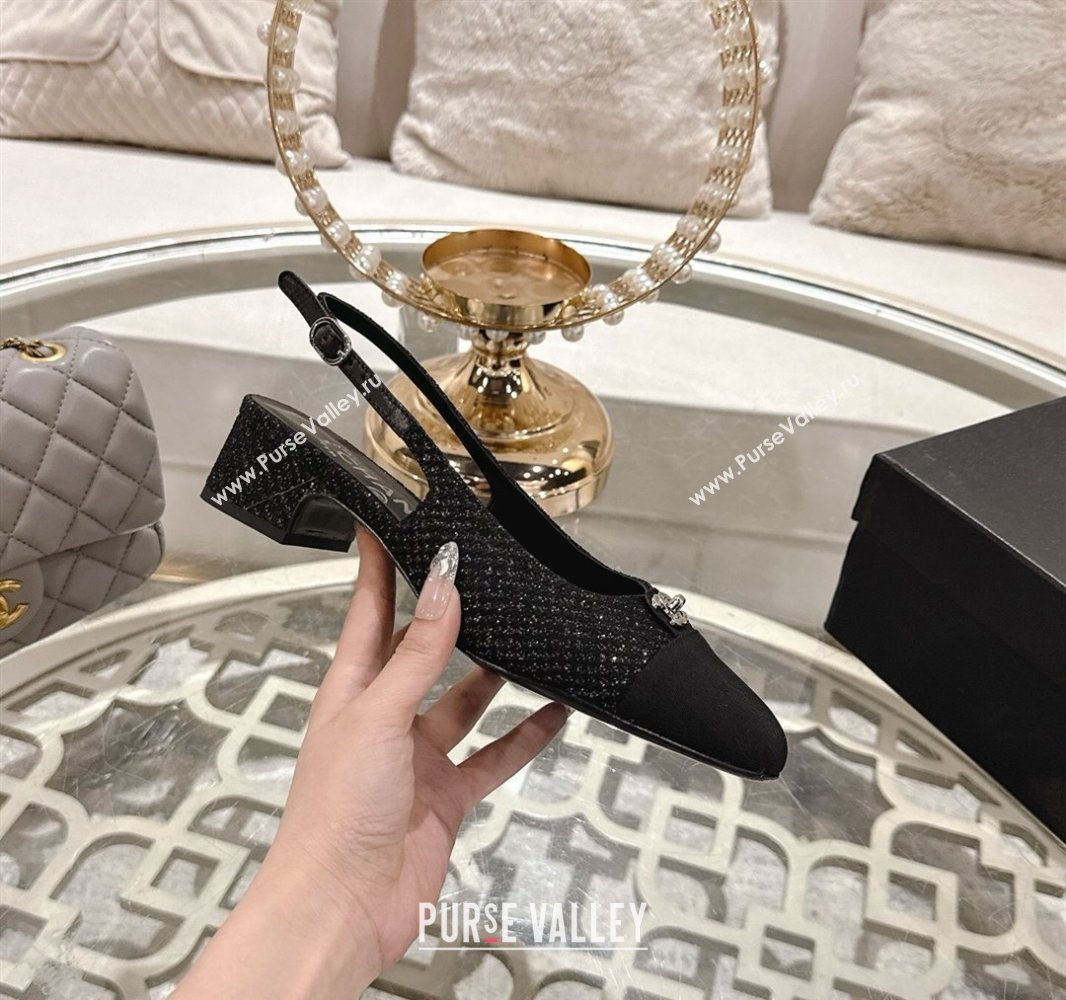 Chanel Glitter Fabric Grosgrain Slingback Pumps 3.5cm with CC Stud Tag Black 2025 G46441 (MD-250415010)