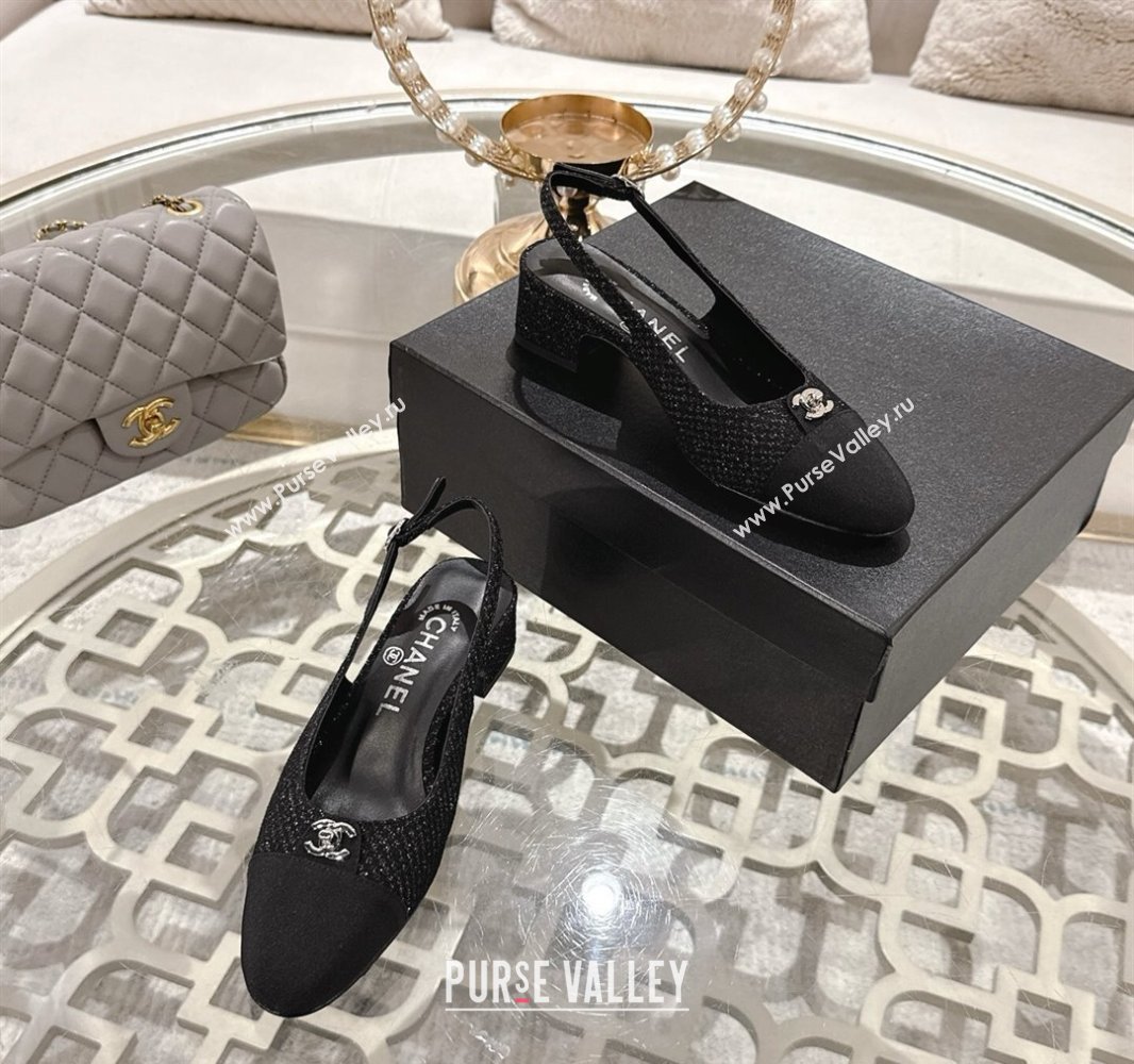Chanel Glitter Fabric Grosgrain Slingback Pumps 3.5cm with CC Stud Tag Black 2025 G46441 (MD-250415010)