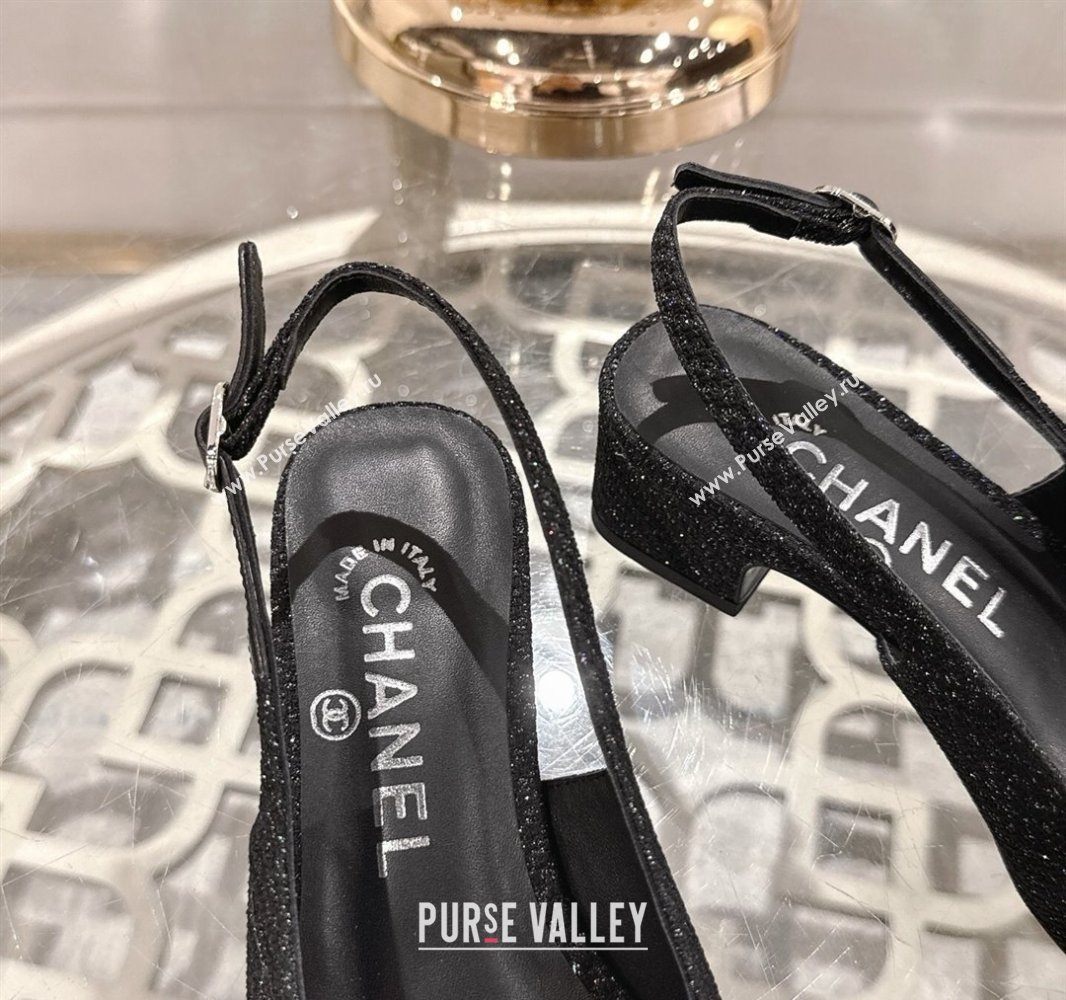 Chanel Glitter Fabric Grosgrain Slingback Pumps 3.5cm with CC Stud Tag Black 2025 G46441 (MD-250415010)
