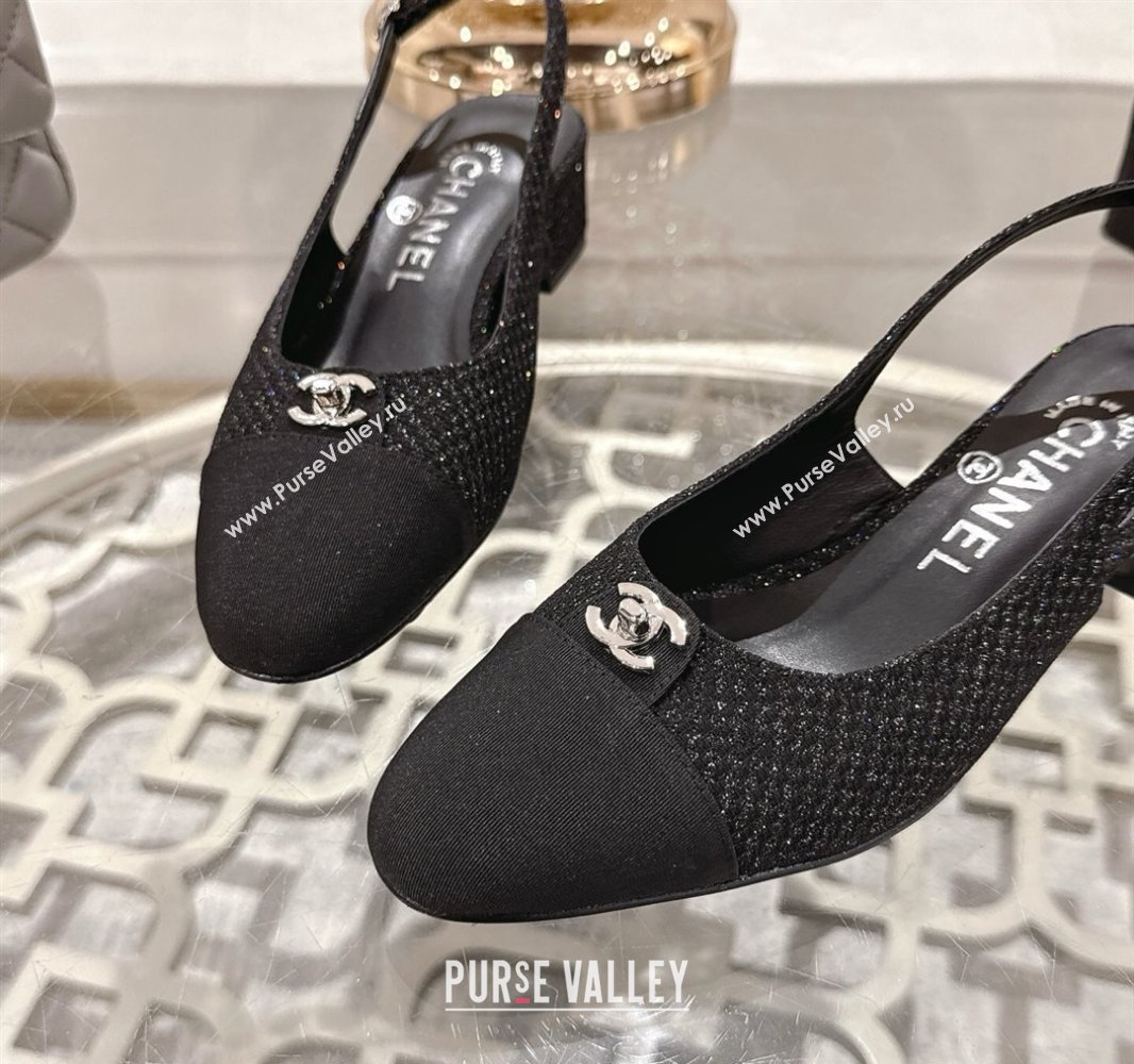Chanel Glitter Fabric Grosgrain Slingback Pumps 3.5cm with CC Stud Tag Black 2025 G46441 (MD-250415010)