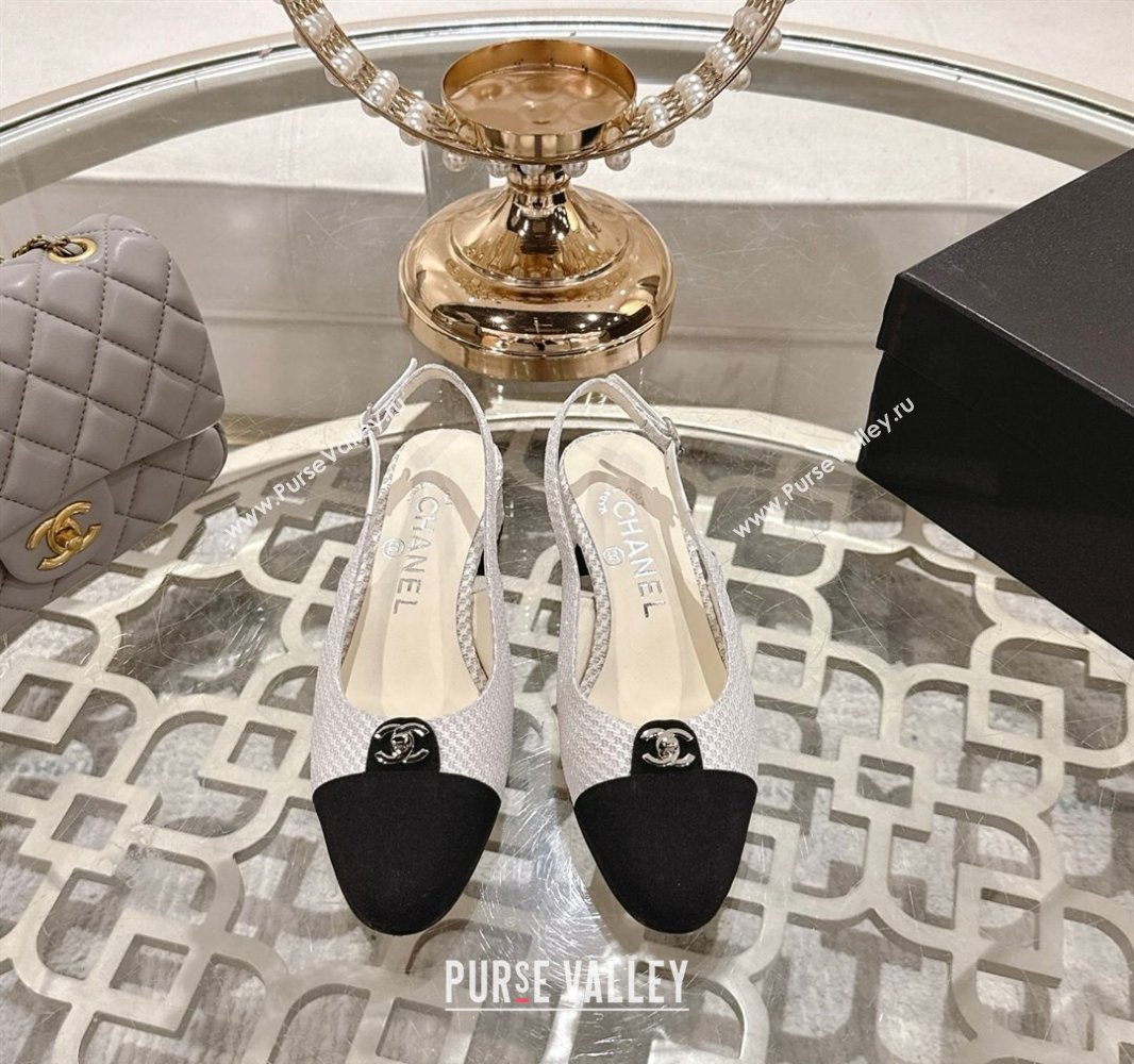 Chanel Glitter Fabric Grosgrain Slingback Pumps 3.5cm with CC Stud Tag White 2025 G46441 (MD-250415011)