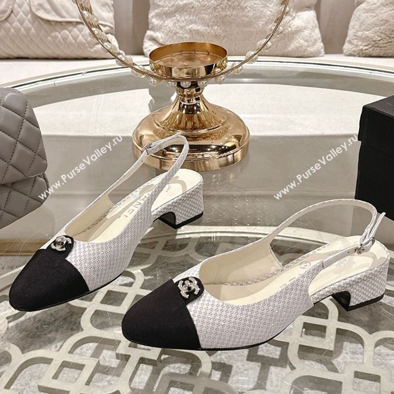 Chanel Glitter Fabric Grosgrain Slingback Pumps 3.5cm with CC Stud Tag White 2025 G46441 (MD-250415011)