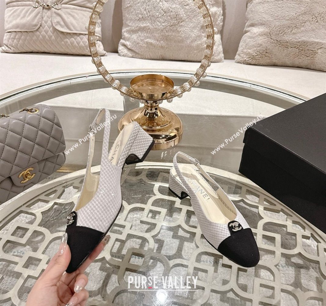 Chanel Glitter Fabric Grosgrain Slingback Pumps 3.5cm with CC Stud Tag White 2025 G46441 (MD-250415011)