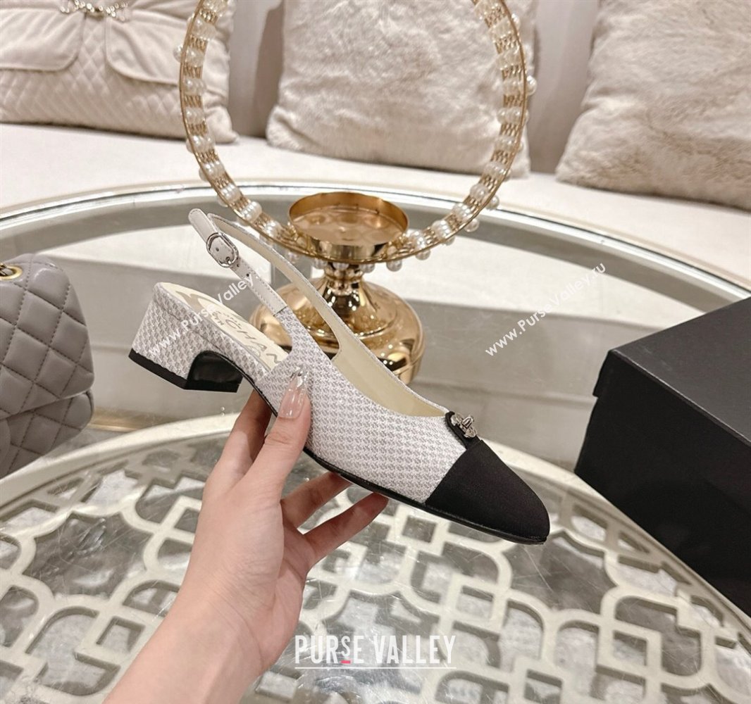 Chanel Glitter Fabric Grosgrain Slingback Pumps 3.5cm with CC Stud Tag White 2025 G46441 (MD-250415011)