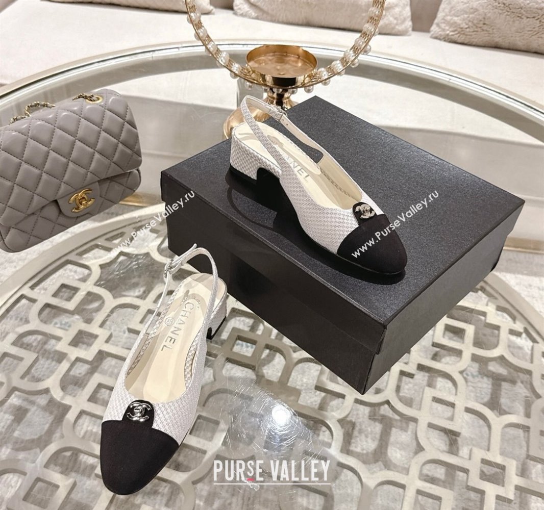 Chanel Glitter Fabric Grosgrain Slingback Pumps 3.5cm with CC Stud Tag White 2025 G46441 (MD-250415011)