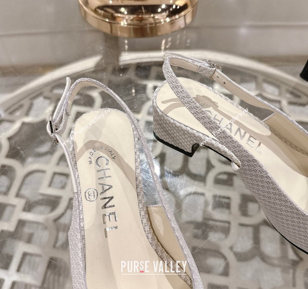Chanel Glitter Fabric Grosgrain Slingback Pumps 3.5cm with CC Stud Tag White 2025 G46441 (MD-250415011)