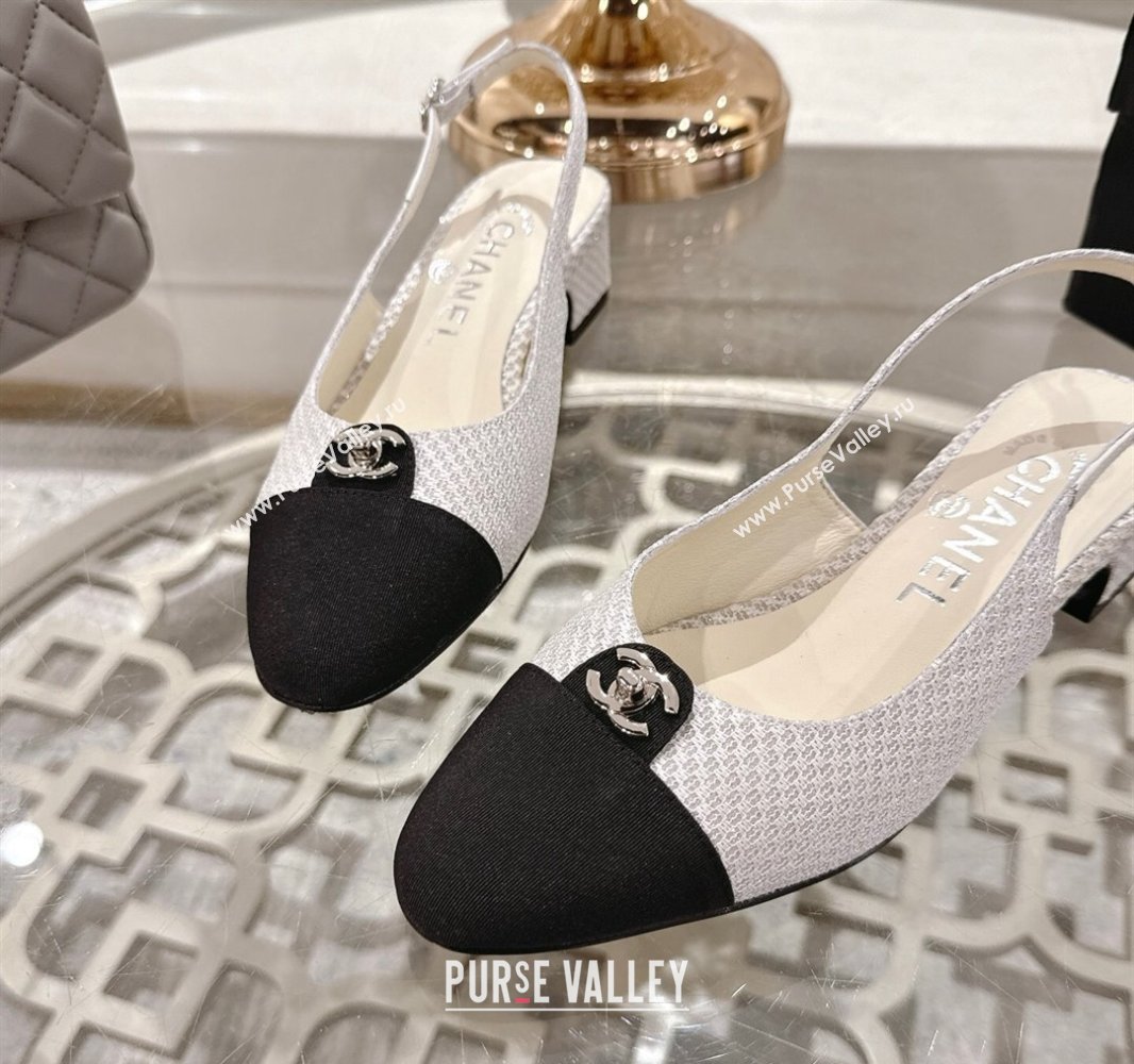 Chanel Glitter Fabric Grosgrain Slingback Pumps 3.5cm with CC Stud Tag White 2025 G46441 (MD-250415011)