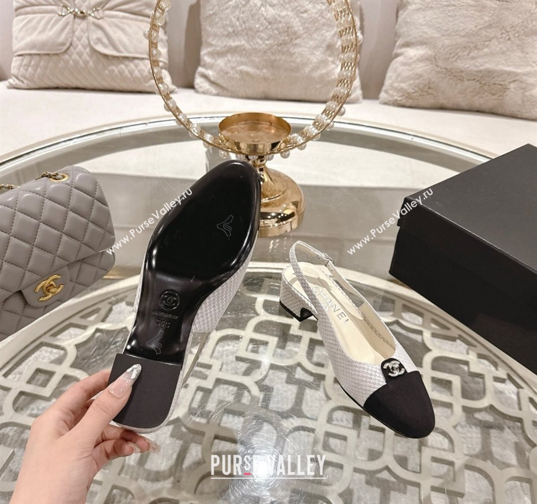 Chanel Glitter Fabric Grosgrain Slingback Pumps 3.5cm with CC Stud Tag White 2025 G46441 (MD-250415011)