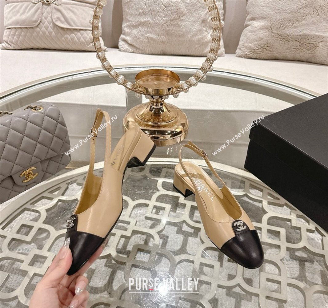 Chanel Lambskin Leather Slingback Pumps 3.5cm with CC Stud Tag Beige 2025 G46441 (MD-250415012)