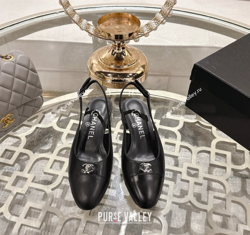 Chanel Lambskin Leather Slingback Pumps 3.5cm with CC Stud Tag Black 2025 G46441 (MD-250415013)