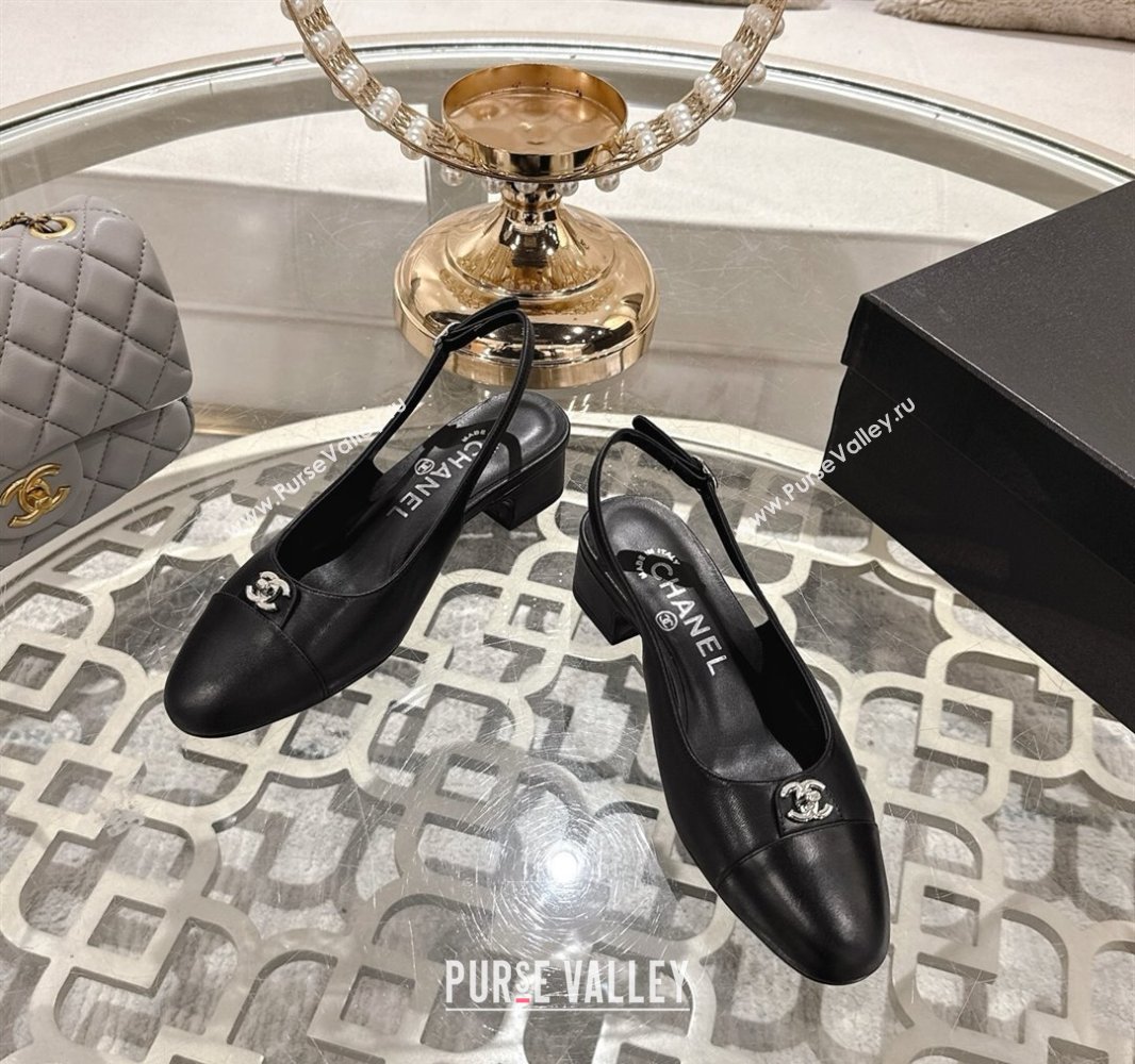Chanel Lambskin Leather Slingback Pumps 3.5cm with CC Stud Tag Black 2025 G46441 (MD-250415013)