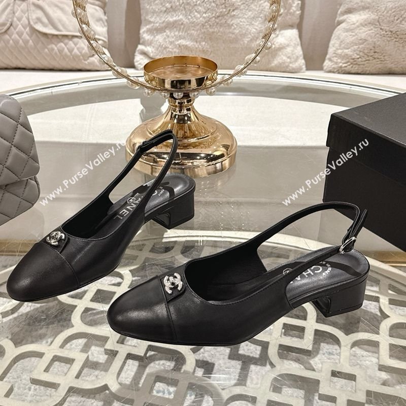 Chanel Lambskin Leather Slingback Pumps 3.5cm with CC Stud Tag Black 2025 G46441 (MD-250415013)