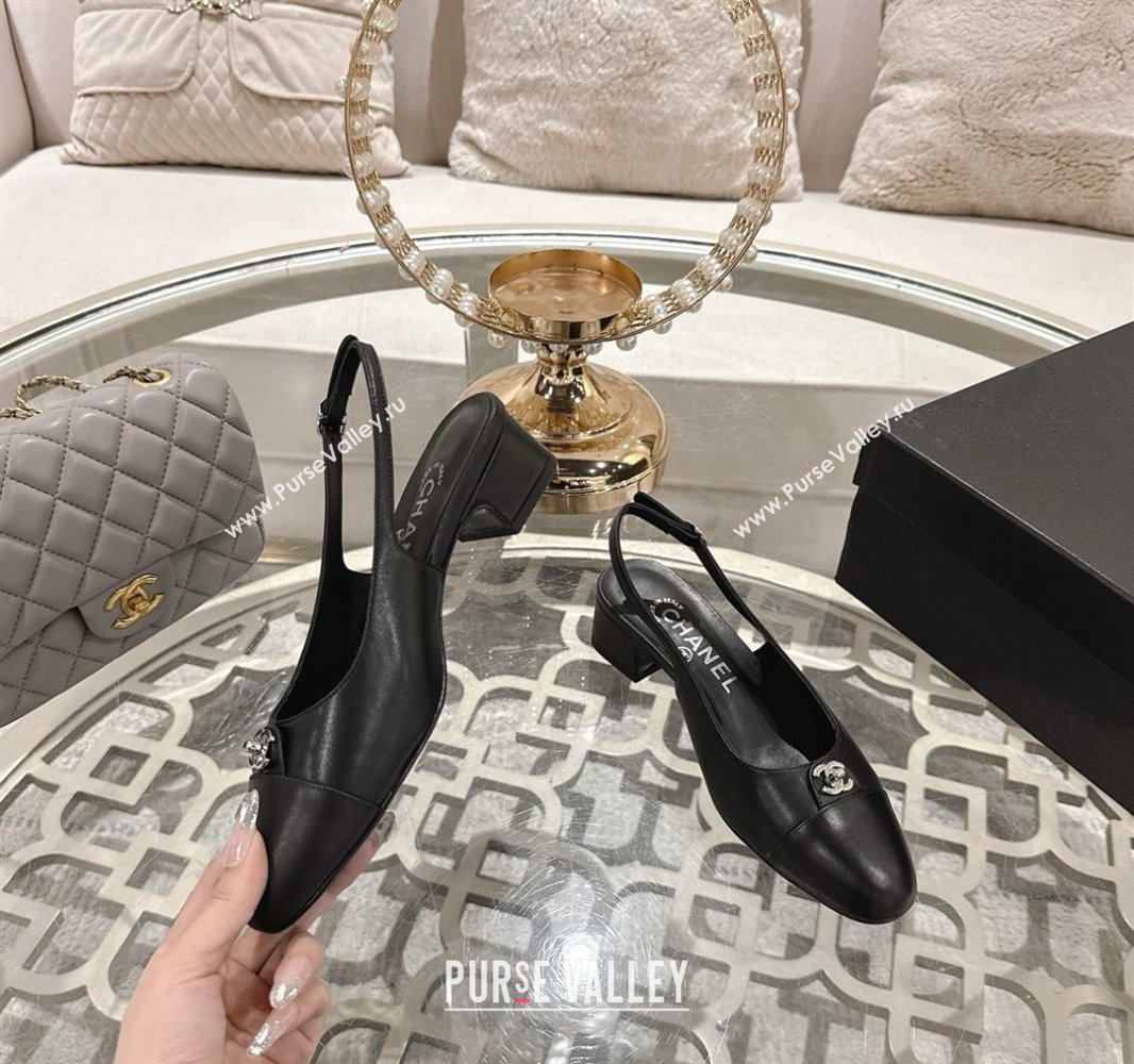 Chanel Lambskin Leather Slingback Pumps 3.5cm with CC Stud Tag Black 2025 G46441 (MD-250415013)