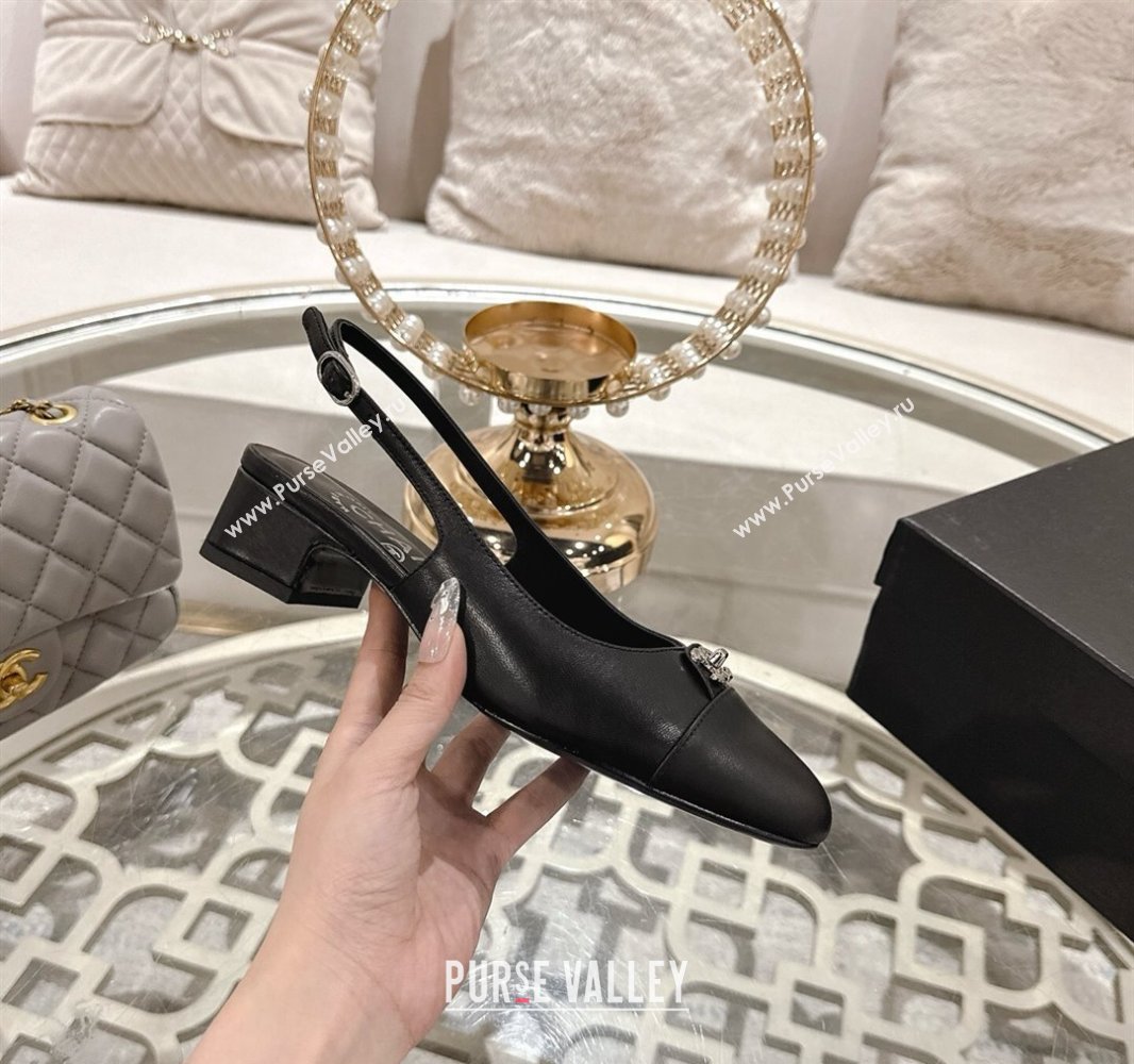 Chanel Lambskin Leather Slingback Pumps 3.5cm with CC Stud Tag Black 2025 G46441 (MD-250415013)