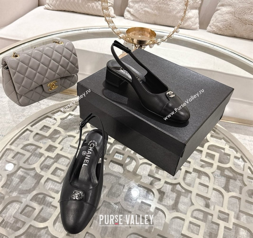 Chanel Lambskin Leather Slingback Pumps 3.5cm with CC Stud Tag Black 2025 G46441 (MD-250415013)