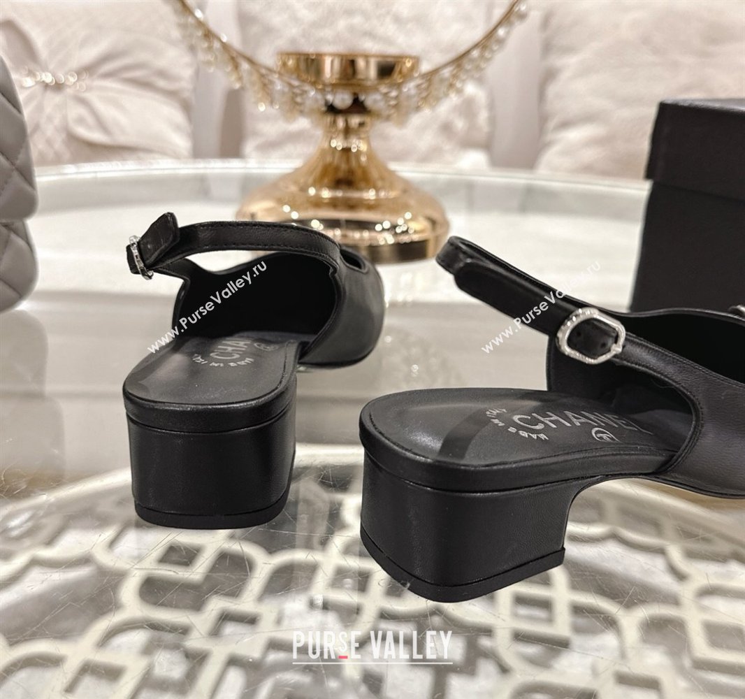 Chanel Lambskin Leather Slingback Pumps 3.5cm with CC Stud Tag Black 2025 G46441 (MD-250415013)