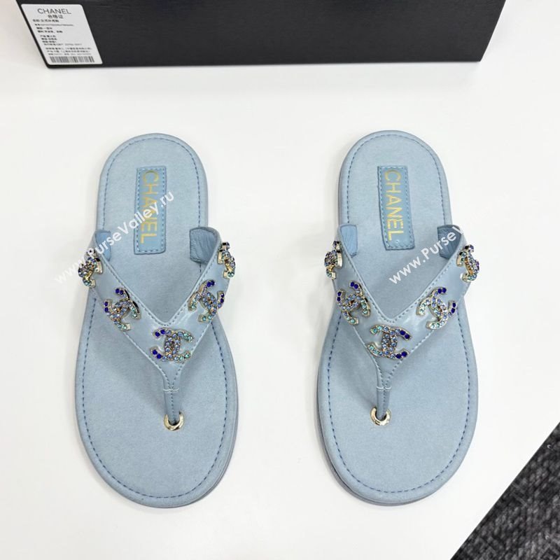 Chanel Lambskin Flat Slide Thong Sandals with CC Charm Light Blue 2025 CH041621 (MD-250416155)