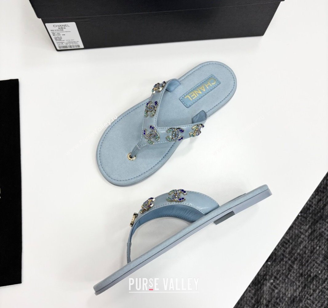 Chanel Lambskin Flat Slide Thong Sandals with CC Charm Light Blue 2025 CH041621 (MD-250416155)