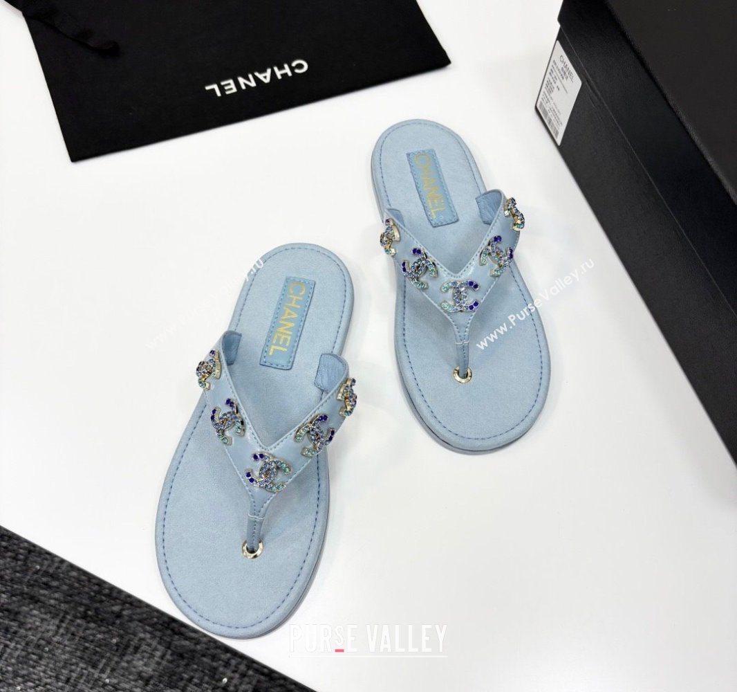 Chanel Lambskin Flat Slide Thong Sandals with CC Charm Light Blue 2025 CH041621 (MD-250416155)