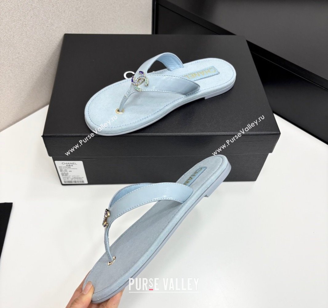 Chanel Lambskin Flat Slide Thong Sandals with Strass CC Light Blue 2025 CH041621 (MD-250416162)