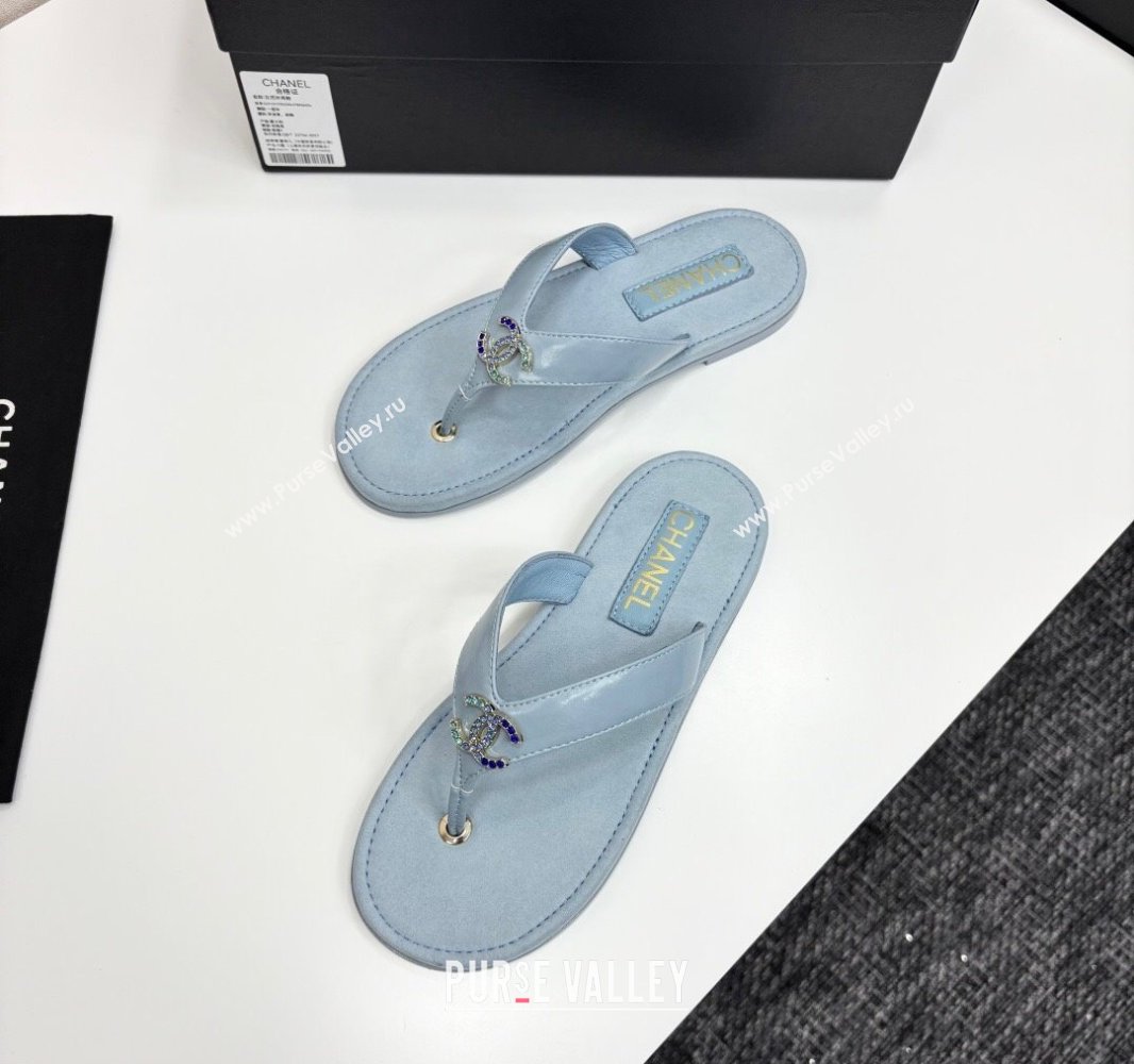 Chanel Lambskin Flat Slide Thong Sandals with Strass CC Light Blue 2025 CH041621 (MD-250416162)