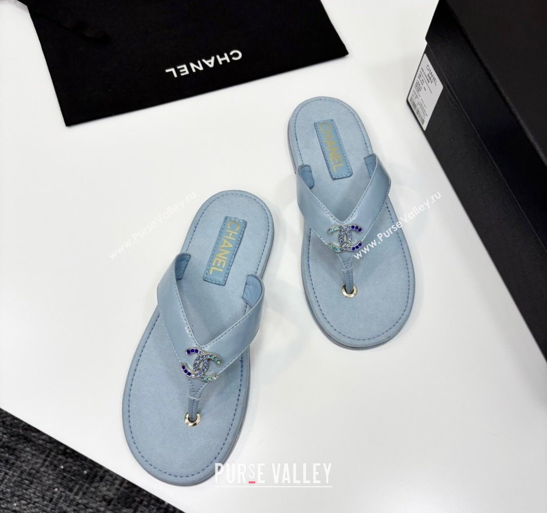Chanel Lambskin Flat Slide Thong Sandals with Strass CC Light Blue 2025 CH041621 (MD-250416162)