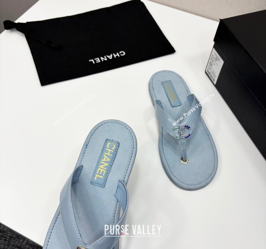 Chanel Lambskin Flat Slide Thong Sandals with Strass CC Light Blue 2025 CH041621 (MD-250416162)