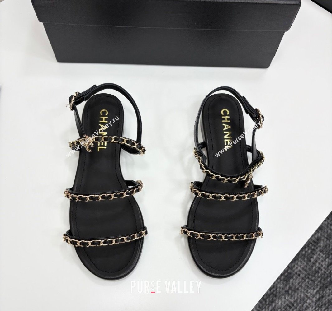Chanel Lambskin Flat Sandals with Chain Strap Black 2025 G45667 (MD-250416152)