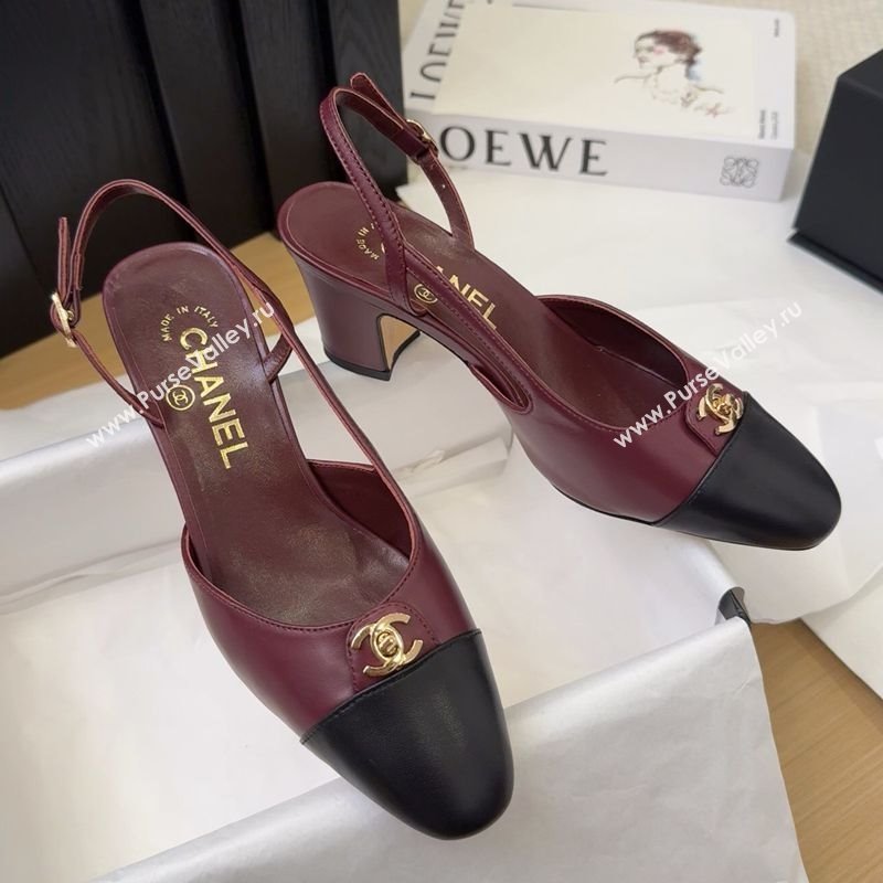 Chanel Lambskin Slingback Pumps 6.5cm with CC Stud Tag Dark Burgundy 2025 G46441 (MD-250415008)