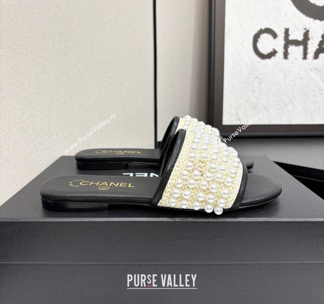 Chanel Straw Flat Slides Sandal with Pearls Black 2025 CH041704 (MD-250417010)