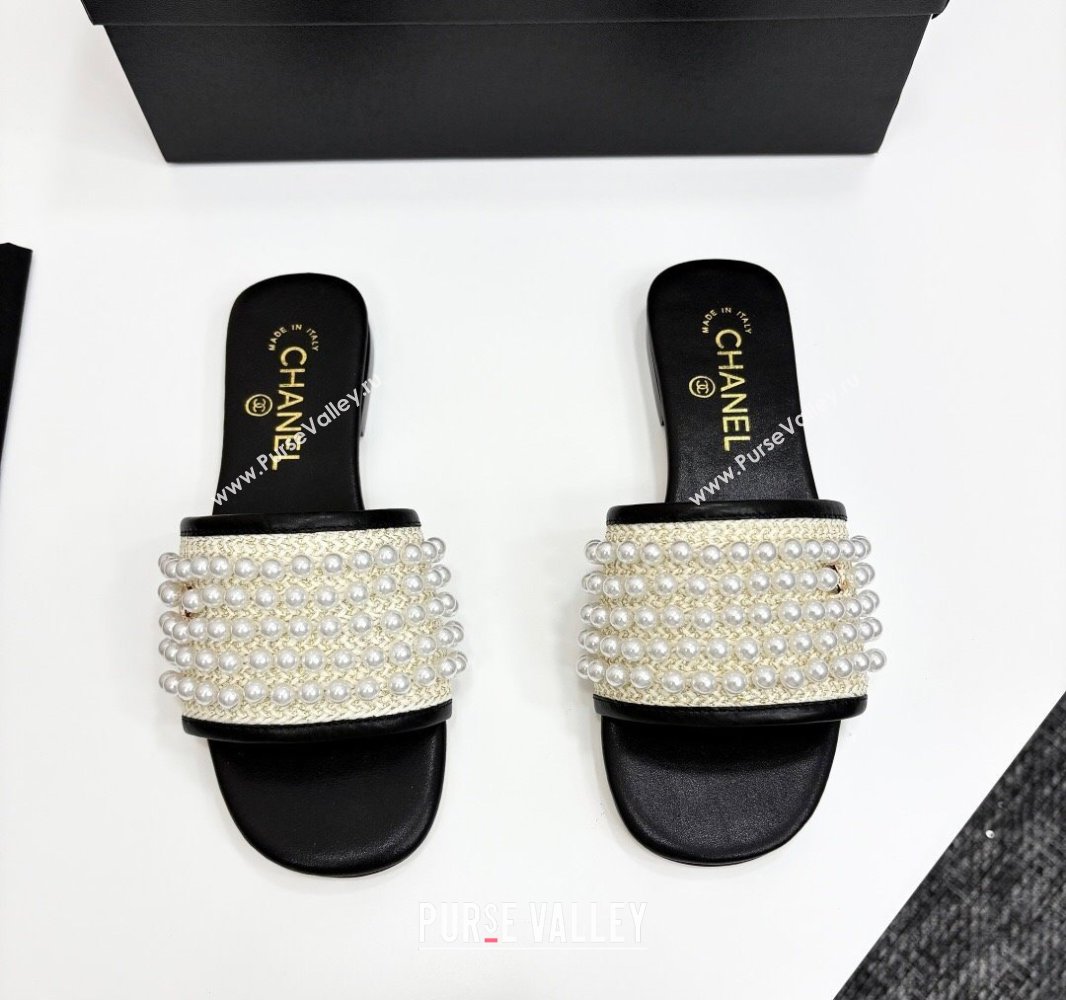 Chanel Straw Flat Slides Sandal with Pearls Black 2025 CH041704 (MD-250417010)