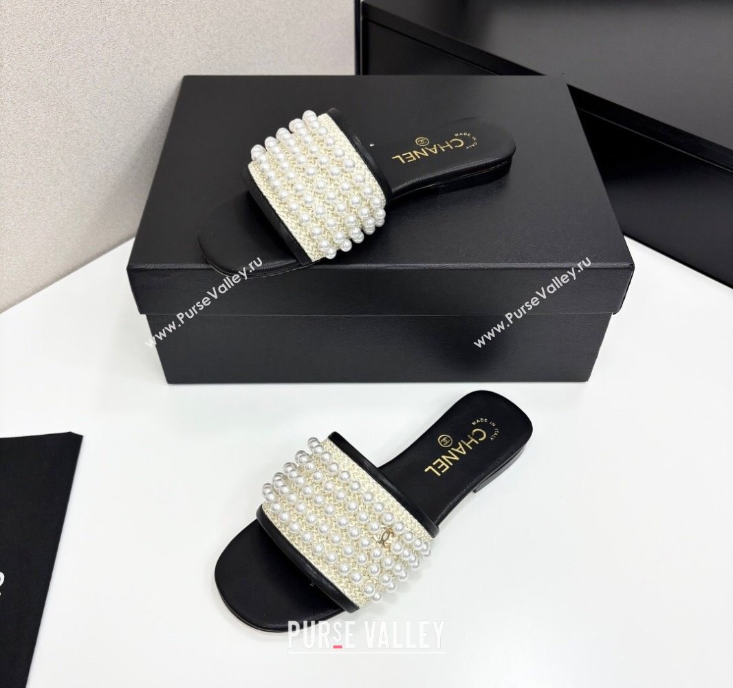 Chanel Straw Flat Slides Sandal with Pearls Black 2025 CH041704 (MD-250417010)