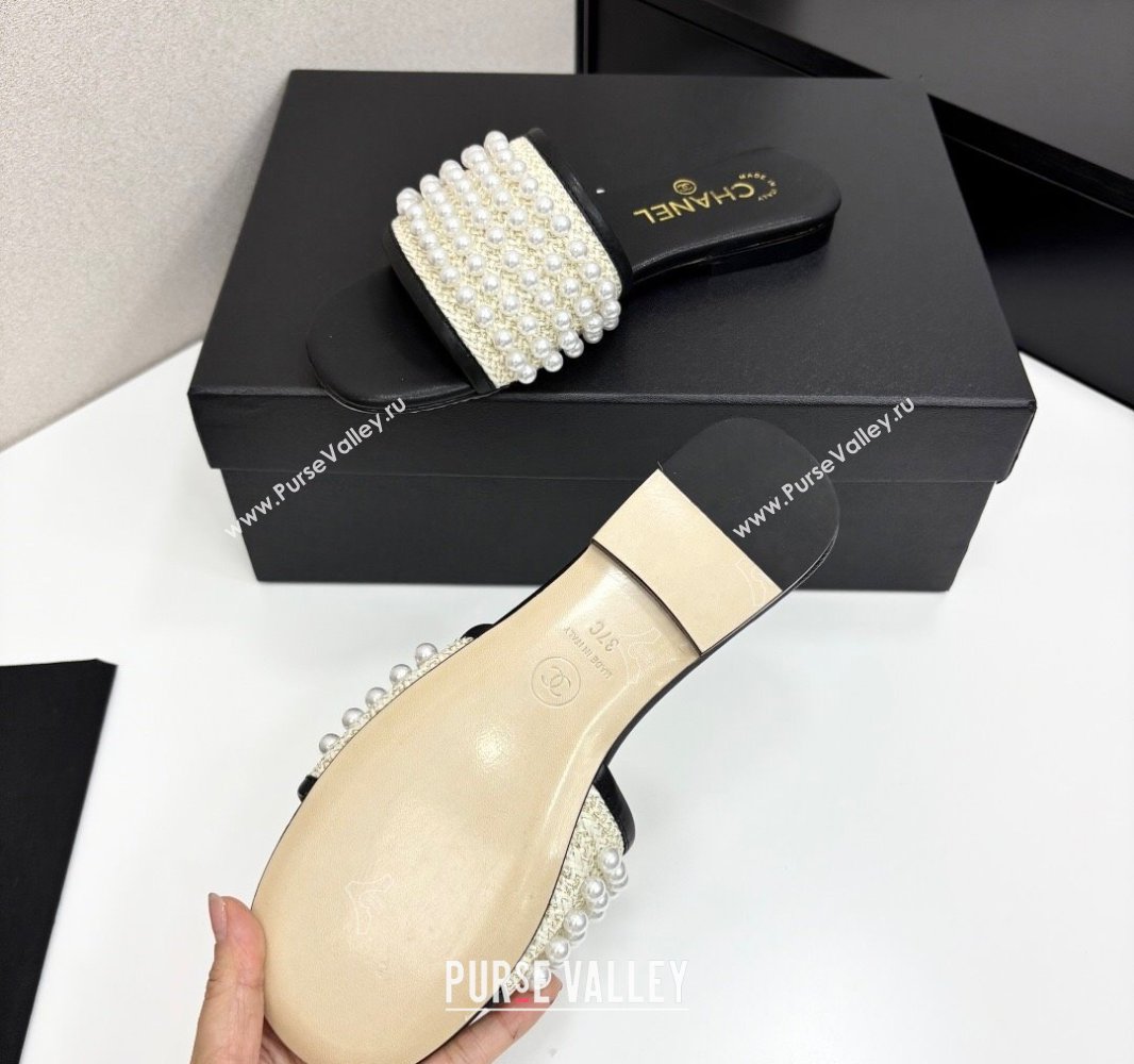Chanel Straw Flat Slides Sandal with Pearls Black 2025 CH041704 (MD-250417010)