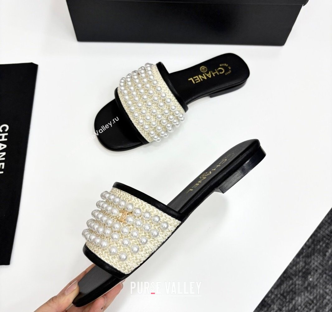 Chanel Straw Flat Slides Sandal with Pearls Black 2025 CH041704 (MD-250417010)
